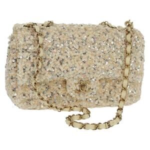 Chanel Matelasse 23 Single Flap Chain Sequins Evening Bag Beige CC Shoulder Bag